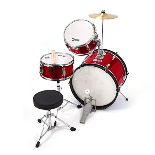 RockJam 3-Piece Junior Drum Set – Perfect Kids’ Drum Kit for Ages 3-7 in Metallic Red