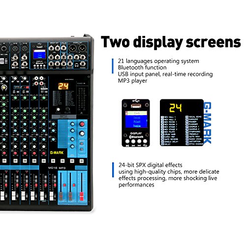 G-MARK MG16MP3 16-Channel Professional Audio Mixer – High-Quality Sound, Bluetooth & USB Interface