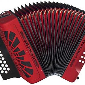 Vibrant red Hohner Compadre Accordion with wide-open grille and celluloid fingerboard, perfect for all skill levels. 