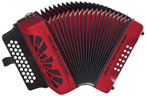Vibrant red Hohner Compadre Accordion with wide-open grille and celluloid fingerboard, perfect for all skill levels. 
