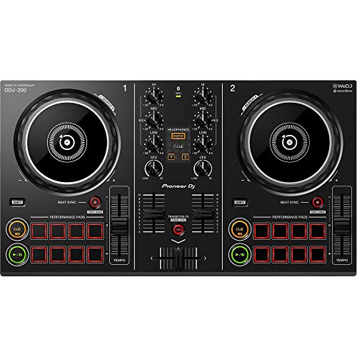 Pioneer DJ DDJ-200 Smart DJ Controller with 16 performance pads, jog wheels, and smartphone compatibility for seamless mixing. 