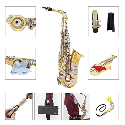Alto Saxophone Sax Glossy Brass Engraved Eb E-Flat Natural White Shell Button Wind Instrument with Case Mute Gloves Cleaning Cloth Grease Belt Brush