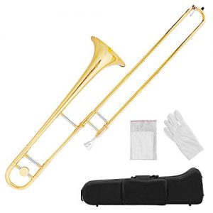 Costzon B Flat Tenor Slide Trombone Gold Brass, Sound for Standard Student Beginner Trombone w/Case, Gloves, Mouthpiece, Portable