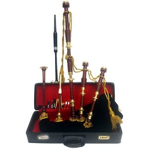 Scottish Great Highland Bagpipe Golden Engraved Brass Mounts With Black Velvet Cover