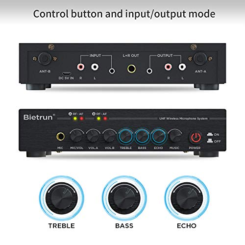 🎤 Bietrun Wireless Microphone System with Bluetooth, Echo, Treble & Bass Control - 160ft Range for Karaoke & Events 🎶