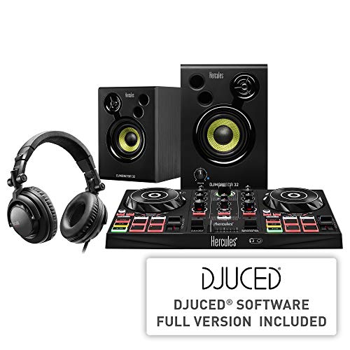 Complete Hercules DJ Learning Kit with controller, headphones, speakers, and software for beginner DJs. 