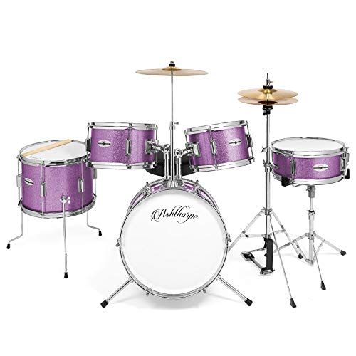 Ashthorpe 5-Piece Complete Kid's Junior Drum Set with Genuine Brass Cymbals