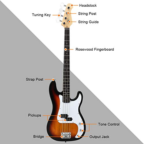 Full Size Electric Bass Guitar Kit for Beginners – Vibrant Yellow Finish, Rose Fingerboard & Bridge