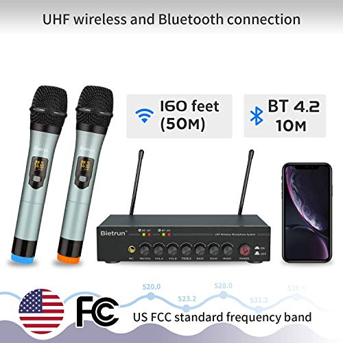 🎤 Bietrun Wireless Microphone System with Bluetooth, Echo, Treble & Bass Control - 160ft Range for Karaoke & Events 🎶