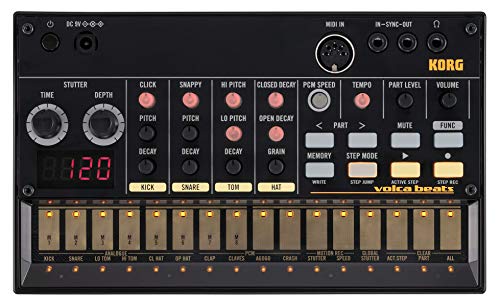 Korg Volca Beats analog drum machine with 16-step sequencer, stutter effects, and compact design. 