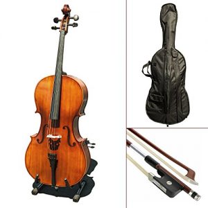 Hand-carved Paititi 4-String Acoustic Cello with matte finish, flamed back, and Brazilwood bow, ready for performance. 