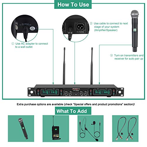 Wireless Microphone System, Phenyx Pro 4-Channel UHF Cordless Mic Set