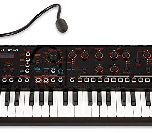 The Roland JD-XI 37-Key Synthesizer, showcasing its sleek design, pattern sequencer, and vocoder capabilities for live performances. 