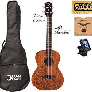 Luna Mahogany Tattoo Concert Ukulele LEFTY w/Strings,Tuner & CP
