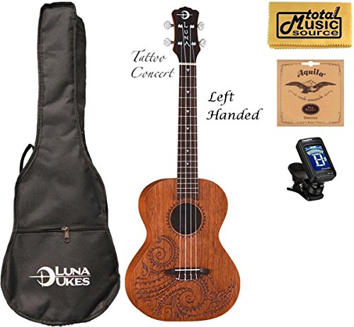 Luna Mahogany Tattoo Concert Ukulele LEFTY w/Strings,Tuner & CP