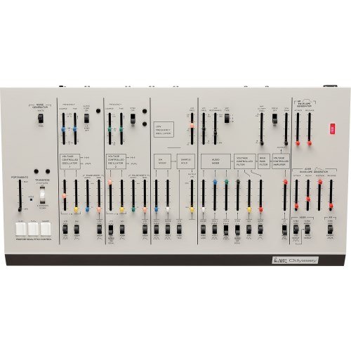 Compact KORG Odyssey Module Rev1 in white with classic ARP circuitry design, offering authentic analog sound for modern studios. 