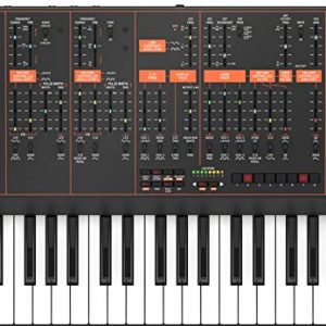The Behringer Odyssey, featuring 37 full-size keys, dual analog oscillators, and a 3-way multi-mode filter for rich, powerful analog sounds. 