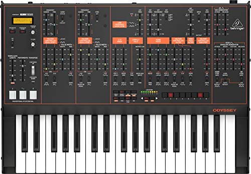 The Behringer Odyssey, featuring 37 full-size keys, dual analog oscillators, and a 3-way multi-mode filter for rich, powerful analog sounds. 