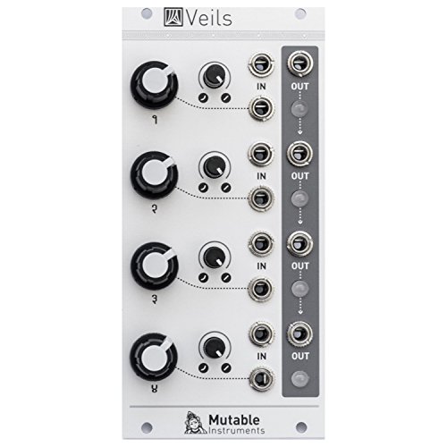 Mutable Instruments Veils Eurorack Module with four VCAs, adjustable response curve, and daisy-chaining outputs for complex modular patches. 