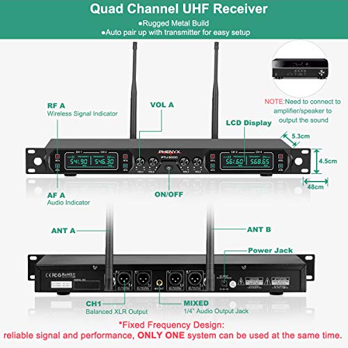 Wireless Microphone System, Phenyx Pro 4-Channel UHF Cordless Mic Set