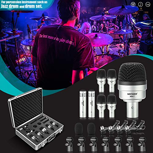 Neewer 7 Piece Wired Dynamic Drum Mic Kit - Kick Bass, Tom/Snare & Cymbals