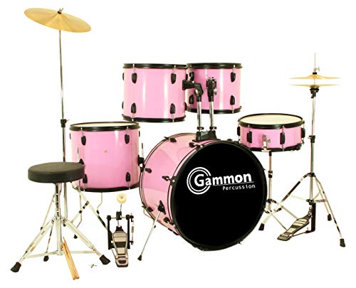 Gammon Percussion Pink Drum Set Full Size 5-Piece Kit with Cymbals Stands