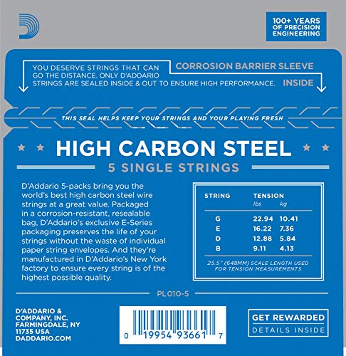 D'Addario Plain Steel Guitar Single String, .010 5-pack