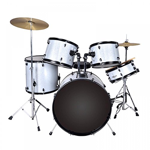 New Silver Drum Set 5 PC Complete Adult Set Cymbals Full Size Adult Drum
