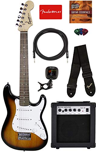 Fender Squier 3/4 Size Kids Mini Strat Electric Guitar - Brown Sunburst Bundle