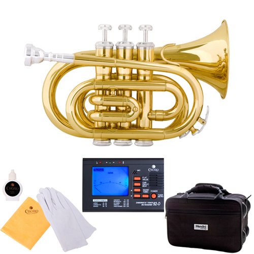 Mendini MPT Brass Bb Pocket Trumpet + Tuner, Case, Mouthpiece