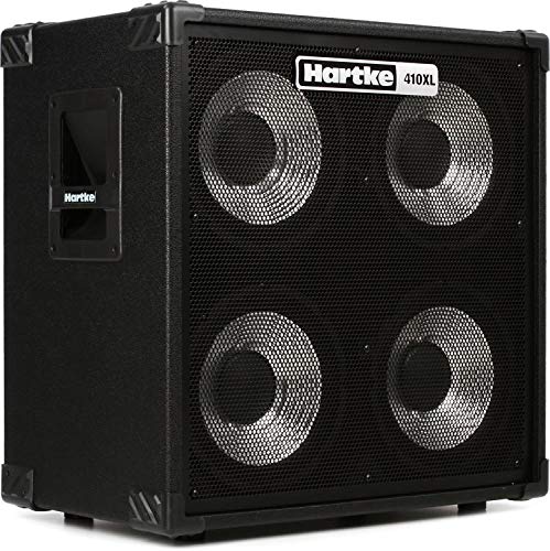 Hartke 410XL V2 Bass Cabinet featuring a durable, sleek design with 4 x 10” aluminum cone drivers and a robust plywood enclosure. 