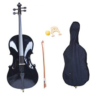 Acoustic Cello Wood Color Beautiful Varnish Finishing，with Soft Case, Bow, Rosin and Bridge，Size 4/4 (Black)
