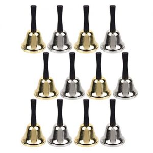 12Pcs Hand Bells Silver and Gold Steel Service with Black Wooden Bell for School Church Adults Classroom Wedding Decorative