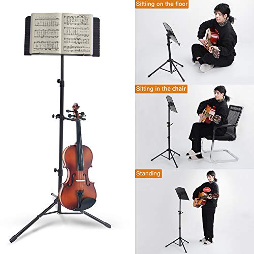 Klvied Sheet Music Stand with Violin Hanger, Portable Folding violin Stand