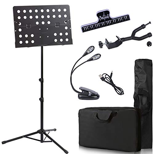 Klvied Folding Music Stand with Violin Hanger – Adjustable, Portable Sheet Music Stand with LED Light & Travel Case