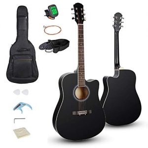 Smartxchoices 6 String 41" Full Size Acoustic Guitar Cutaway Wooden Guitar Set w/Gig Bag Strap, Tuner, Capo,Extra Strings Kit Pick for Adult Kids Beginner Starter Youths Students Right-handed (Black)