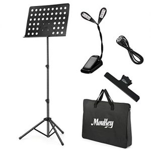Moukey Folding Sheet Music Stand 19.6'' X 13.2'' MMS-2 Portable Travel Metal Adjustable Music Stand With Stand Light, Music Clip Holder, Carrying Bag, Black