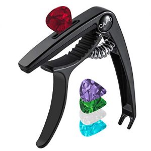 Guitar Capo with Pick Slot, EJT Professional Zinc Metal Capo for 6 String Acoustic Guitar, Electric Guitar, Ukulele, Bass, Banjo, Mandolin with 5 PCS Guitar Picks (Black)