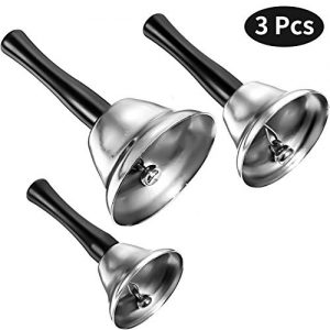 3 Pieces Steel Handbell Hand Bell Call Bell Black Wooden Handle Diatonic Metal Bells Musical Percussion (Silver)