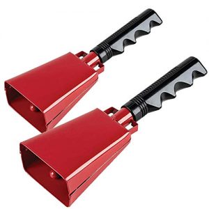 2 pack 7 in. steel cowbell/Noise makers with handles. Cheering Bell for sporting, football games, events. Large solid school hand bells. Cowbells. Percussion Musical Instrument. Cow Bell Alarm (Red)