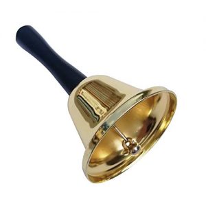 Gold Steel Hand Bell Loud Call Bell Alarm, Family Loves, Musical Hand Bells, Cow bells with Stick Grip, for Cheering at Sporting & Wedding Events, Food Line, Alarm, Jingles, Ringing