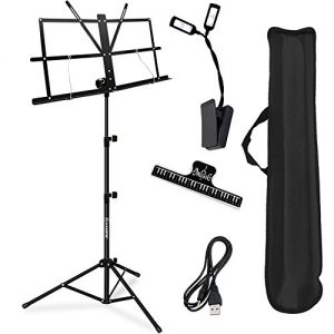Music Stand, Kasonic Professional Collapsible Orchestra Portable and Lightweight with LED light, Music Sheet Clip Holder and Carrying Bag Suitable for Instrumental Performance (Black)