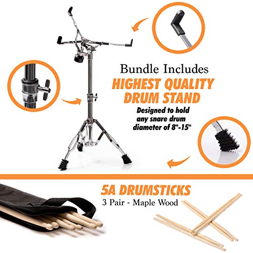 Practice Pad & Snare Stand Bundle - Drum Pad Double Sided with Drumsticks and Drum Stand for Four Inch Snare Drum With Two Different Surfaces for Drum Practice - Silent Drum Double Sided Practice Pad