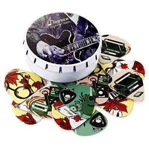 Donner 16 Pack Nostalgia Celluloid Guitar Picks + Tin Box + Leather Key Chain Pick Holder 4 Gauges Thin Medium Heavy & Extra Heavy Cool Music Gift for Guitar Player