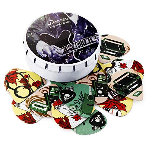 Donner 16 Pack Nostalgia Celluloid Guitar Picks + Tin Box + Leather Key Chain Pick Holder 4 Gauges Thin Medium Heavy & Extra Heavy Cool Music Gift for Guitar Player