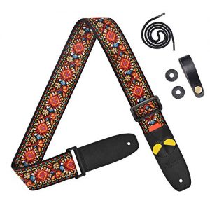 Amumu Adjustable Guitar Strap Vintage Embroidery Red Flower for Acoustic Guitar Electric Guitar and Bass Guitar with pick-holders leather ends includes 3 Picks & Strap Blocks & Headstock Strap