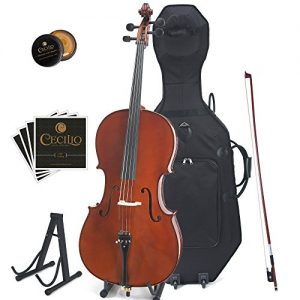 Cecilio CCO-500 Ebony Fitted Flamed Solid Wood Cello with Hard & Soft Case, Stand, Bow, Rosin, Bridge and Extra Set of Strings, Size 3/4