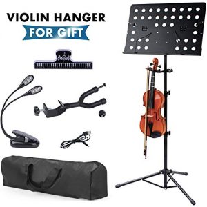 Klvied Sheet Music Stand with Violin Hanger, Folding Music Stand, Portable Fortable Music stand for Sheet Music, Violin Music Stand with Travel Case, Light, Black