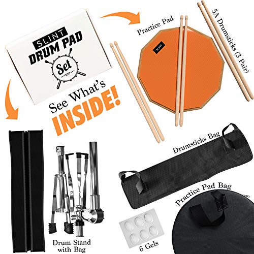 Practice Pad & Snare Stand Bundle - Drum Pad Double Sided with Drumsticks and Drum Stand for Four Inch Snare Drum With Two Different Surfaces for Drum Practice - Silent Drum Double Sided Practice Pad