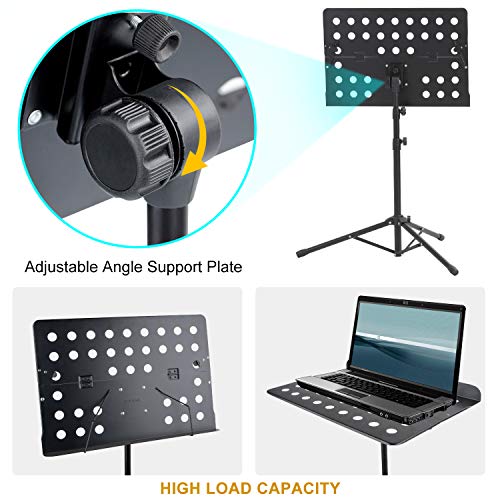 Klvied Folding Music Stand with Violin Hanger – Adjustable, Portable Sheet Music Stand with LED Light & Travel Case